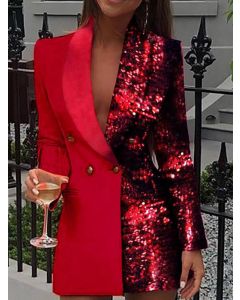 Red Patchwork Sequin Buttons Turndown Collar Fashion Mini Dress