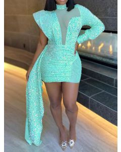 Light Blue Patchwork Sequin Grenadine Asymmetric Shoulder Bodycon Long Sleeve Fashion Mini Dress