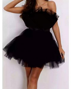 Black Grenadine Bandeau Bow Tulle Sleeveless Fashion Mini Dress