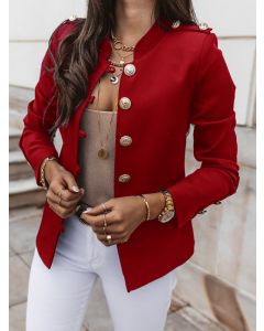 Red Single Breasted Band Collar Long Sleeve Fashion Blazer