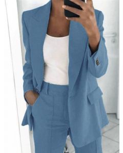 Blue Pockets Buttons Turndown Collar Long Sleeve Fashion Plus Size Blazer