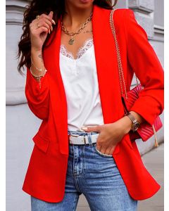 Red Pockets Turndown Collar Long Sleeve Work Women's Blazer