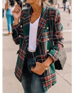 Green Plaid Pockets Double Breasted Turndown Collar Long Sleeve Fashion Blazer