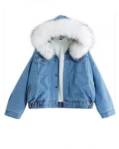 White Pockets Buttons Hooded Fashion Denim Sherpa Coat
