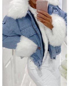 White Patchwork Zipper Pockets Drawstring Fur Collar Fashion Denim Jacket
