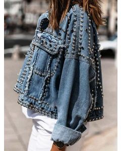 Blue Rivet Pockets Single Breasted Turndown Collar Long Sleeve Fashion Denim Jacket