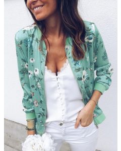 Green Floral Zipper Long Sleeve Fashion Jacket