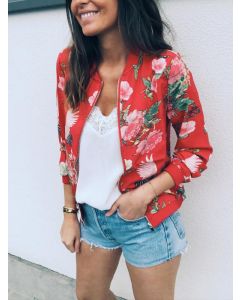Red Flowers Print Zipper Round Neck Long Sleeve Fashion Jacket