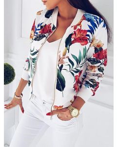 White Flowers Print Zipper Round Neck Long Sleeve Fashion Jacket