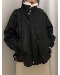 Black Zipper Belt Fur Collar Long Sleeve Fashion PU Jacket