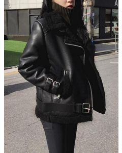 Black Zipper Pockets Long Sleeve Fashion PU Lamb Wool Jacket