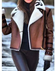 Brauner Buchstabe Reißverschluss Knöpfe Langarm Mode Plus Size Faux Fur Jacket