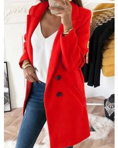 Red Double Breasted Pockets Long Sleeve Fashion Plus Size Wool Coat
