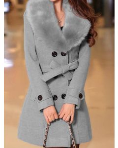 Grey Belt Double Breasted Long Sleeve Fashion Plus Size Wool Coat