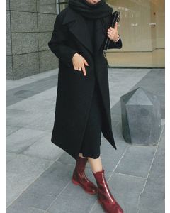 Black Pockets Turndown Collar Long Sleeve Fashion Wool Coat