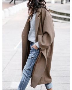 Khaki Pockets Buttons Turndown Collar Long Sleeve Fashion Wool Coat