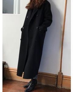 Black Double Breasted Pockets Long Sleeve Fashion Wool Coat