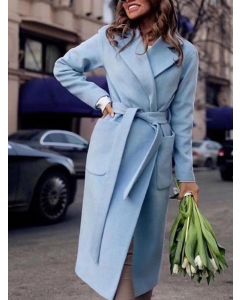 Light Blue Pockets Belt Turndown Collar Long Sleeve Fashion Wool Coat