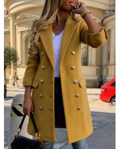 Yellow Double Breasted Pockets Turndown Collar Fashion Wool Coat
