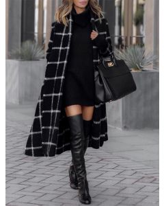 Black Plaid Pockets Belt Turndown Collar Long Sleeve Fashion Wool Coat