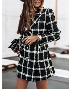 Black Plaid Pockets Double Breasted Turndown Collar Long Sleeve Fashion Wool Coat