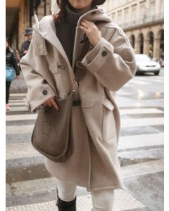 Apricot Pockets Buttons Hooded Fashion Wool Coat