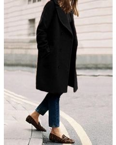 Black Double Breasted Pockets Turndown Collar Fashion Wool Coat