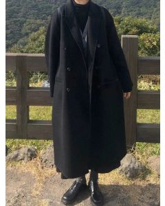 Black Pockets Double Breasted Turndown Collar Long Sleeve Fashion Wool Coat
