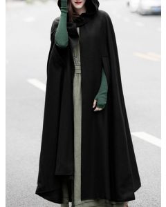Black Buttons Draped Hooded Sleeveless Fashion Cloak Wool Coat