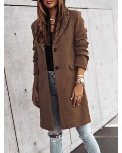 Khaki Pockets Single Breasted Turndown Collar Long Sleeve Fashion Wool Coat