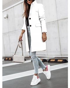 White Pockets Single Breasted Turndown Collar Long Sleeve Fashion Wool Coat