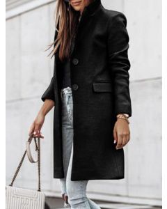 Black Pockets Single Breasted Turndown Collar Long Sleeve Fashion Wool Coat