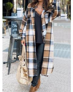 Brown Plaid Pockets Single Breasted Slits On Both Sides Turndown Collar Fashion Long Wool Coat