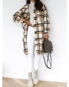 Brown Plaid Pockets Single Breasted Turndown Collar Long Sleeve Fashion Wool Coat