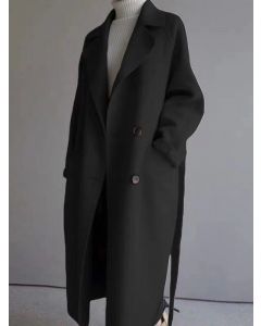 Black Single Breasted Belt Turndown Collar Fashion Wool Coat