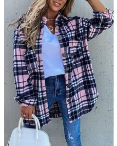 Pink Plaid Single Breasted Turndown Collar Long Sleeve Fashion Jacket