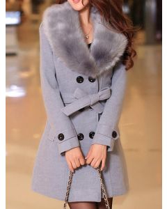 Grey Double Breasted Belt Fur Collar Fashion Plus Size Wool Coat