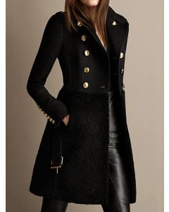 Black Patchwork Pockets Belt Double Breasted Turndown Collar Fashion Coat