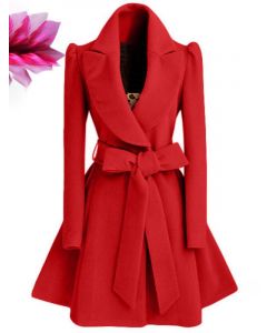 Red Belt Long Sleeve Elegant Trench Coat
