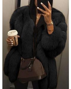 Black Fluffy Round Neck Long Sleeve Fashion Short Faux Fur Coat