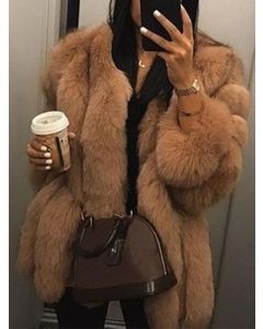 Camel Fluffy Round Neck Long Sleeve Fashion Plus Size Faux Fur Coat