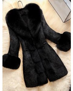 Black Fluffy Fur Collar Fashion Plus Size Faux Fur Coat