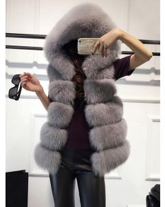 Manteau pelucheux à capuche sans manches gilet mode fausse fourrure gris foncé