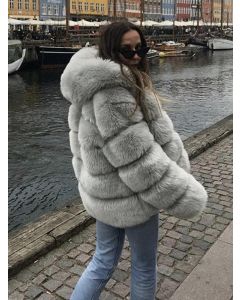 Grey Fluffy Hooded Fashion Faux Fur Coat