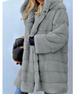 Grey Fluffy Hooded Fashion Plus Size Faux Fur Coat