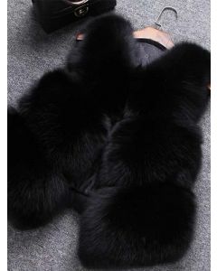 Manteau col V moelleux sans manches gilet mode fausse fourrure noir