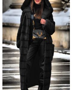 Black Pockets Fluffy Hooded Fashion Plus Size Faux Fur Coat