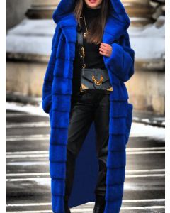 Blue Pockets Fluffy Hooded Fashion Plus Size Faux Fur Coat