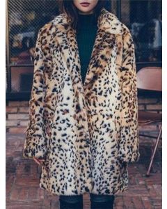 Abrigo leopardo esponjoso cuello vuelto moda de piel sintética de talla grande marrón
