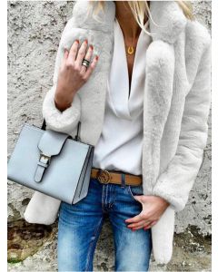 White Fluffy Turndown Collar Long Sleeve Fashion Faux Fur Coat